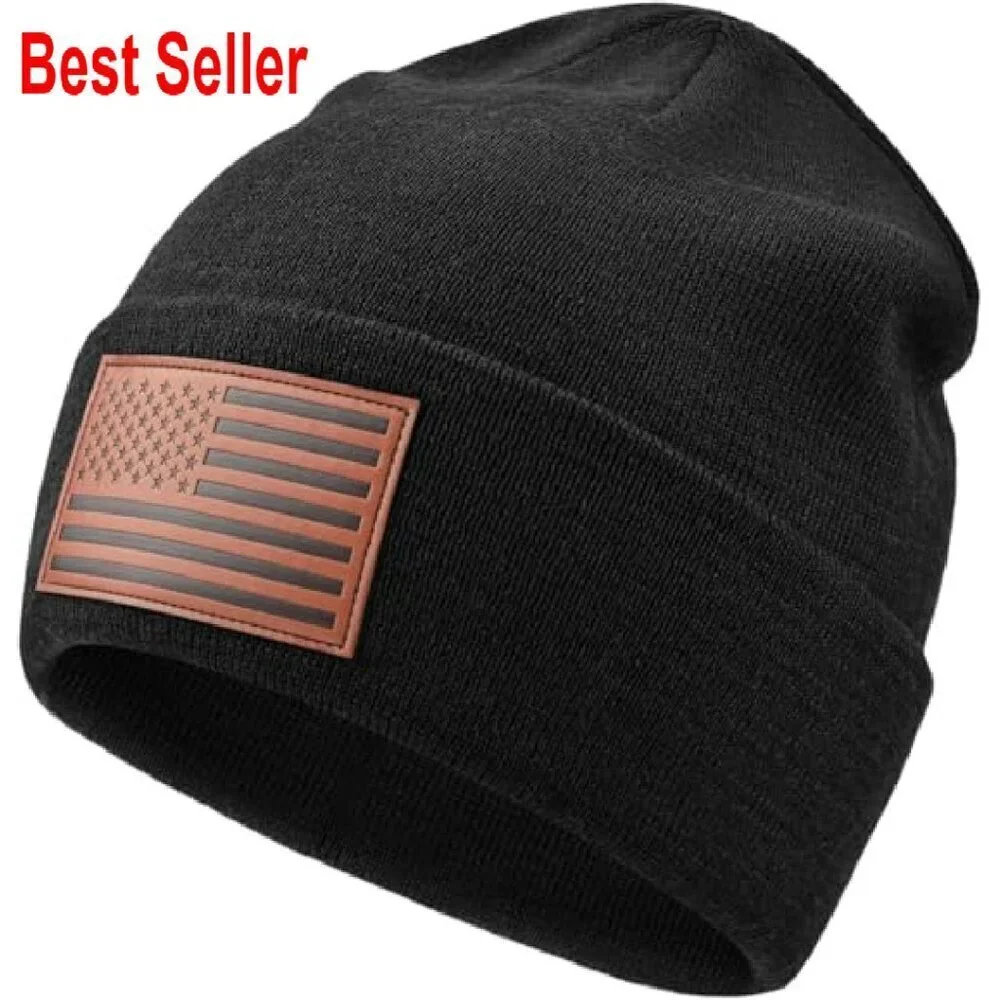 Oversized American Flag Beanie XXL Knit Winter Hat Patriotic Leather Patch